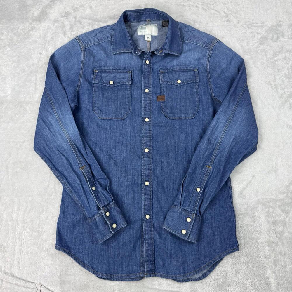 G-Star RAW Indigo Denim Shirt Men Sz Small Wash Button Up Workwear Retro Preppy